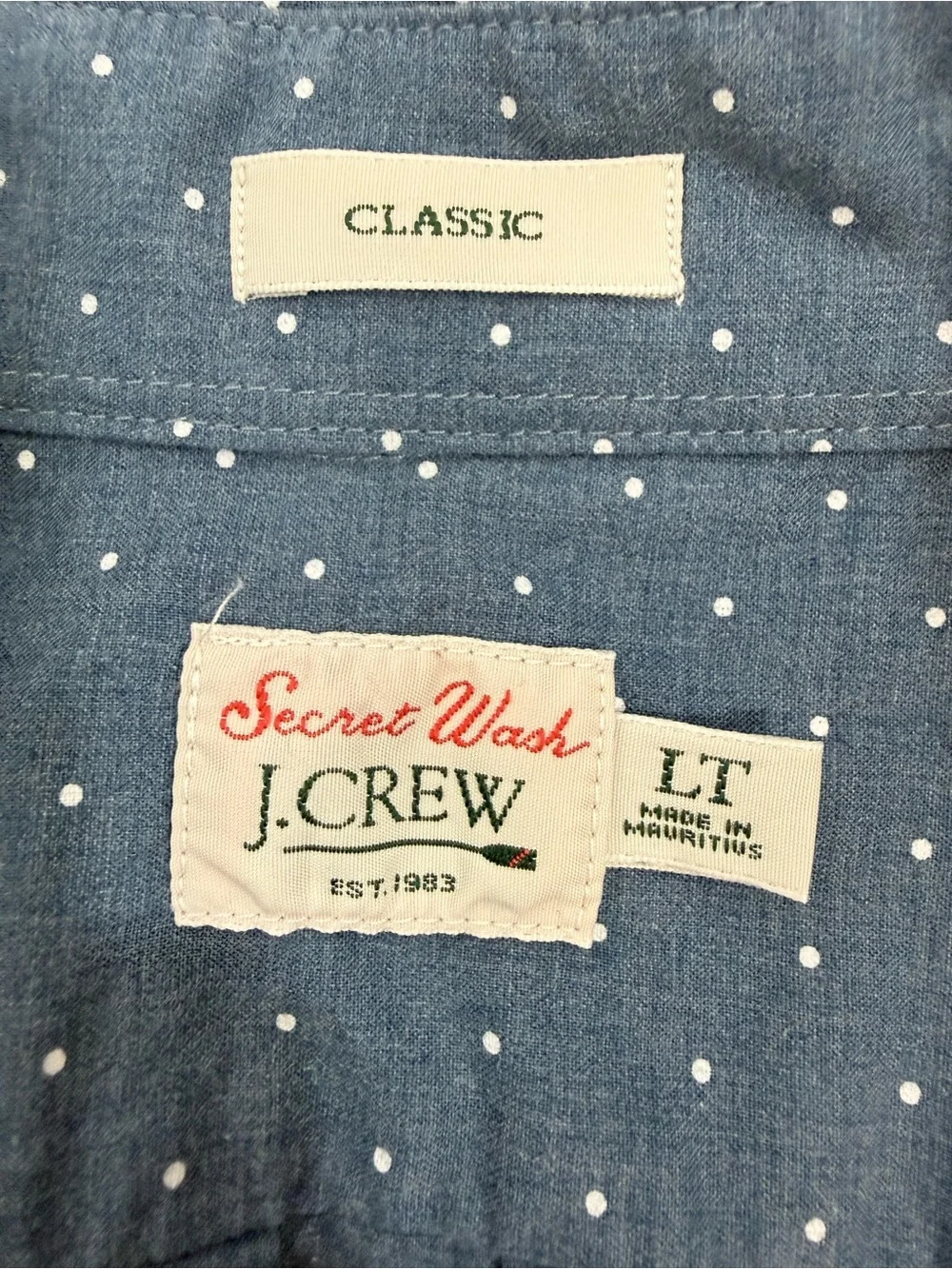 J. Crew Button Down Shirt Secret Wash Classic Fit Blue White Polka Dot